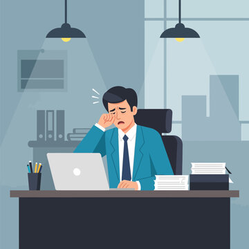 Overworked Businessman Rubbing Tired Eyes at Desk Full Of Paperwork  Exhausted Professional