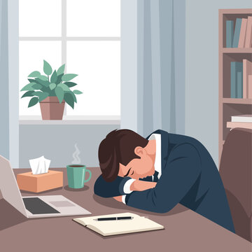 Overworked Businessman Sleeping At Desk Exhausted Desk Worker Overtime Sleep