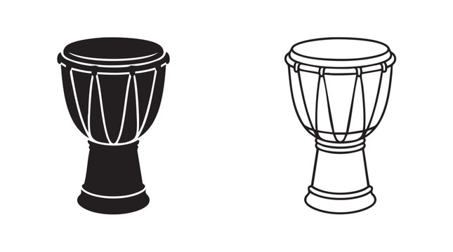 drum black silhouette and outline art vector icon with white drum next to it