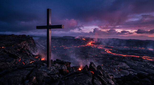 Cross Overlooking Volcanic Eruption at Dusk