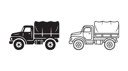 Obraz premium trucks with black silhouette and outline art vector icon featuring truck, white