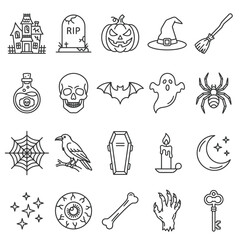 Obraz premium A compilation of 25 black and white outline Halloween icons, including a haunted house, tombstone, jack-o'-lantern, witch hat, broom, potion bottle, skull, bat, ghost, spider, spiderweb, crow.