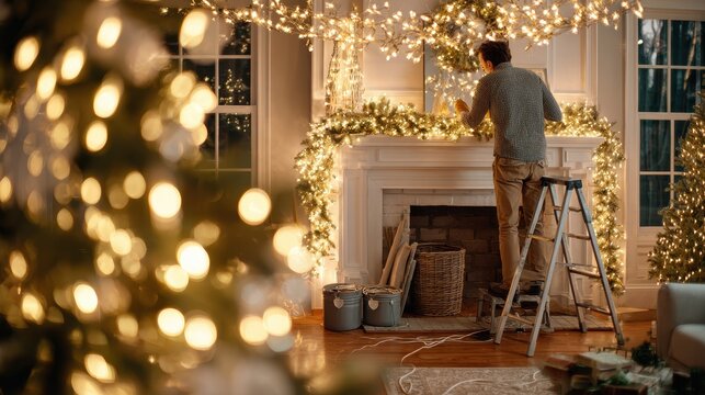 Warm glow home lighting repair scene showing safety gear and careful handling during holiday decorations