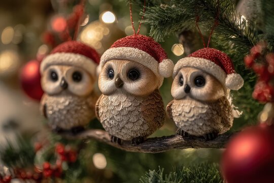 Warm Glow of Owls in Santa Hats Nestled Among Tree Branches