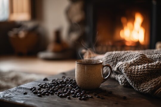 Warm glow of a hearth illuminating coffee mug and beans in a quiet living room