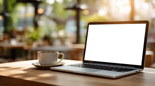 Warm light cafe table setup featuring a blank-screen laptop for website mockup