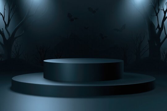 Dark Fantasy Halloween Product Podium Scene with Foggy Forest Bats and Moonlight for Spooky Display Background