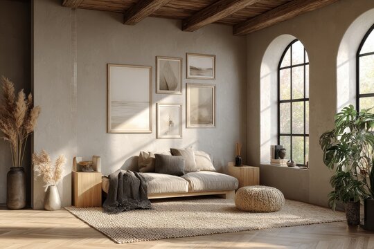 Warm neutral living room interior in farmhouse style with light wood furniture and wall decor
