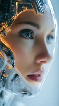 Close up portrait of a futuristic female cyborg with detailed mechanical facial features and glowing blue eyes. This high tech concept blends human beauty with advanced robotics in a sleek design