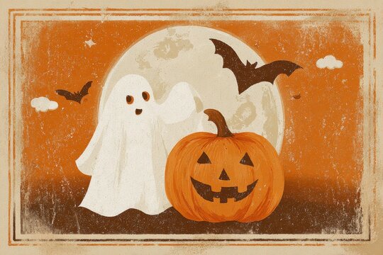 Warm orange-brown illustration for Halloween with distressed textures and nostalgic poster vibe