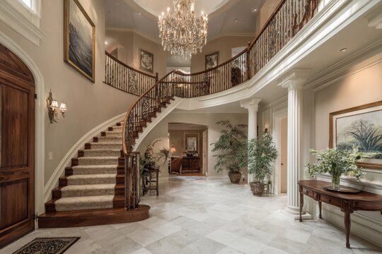 Warm, sophisticated foyer with ornate railing and soft ambient lighting