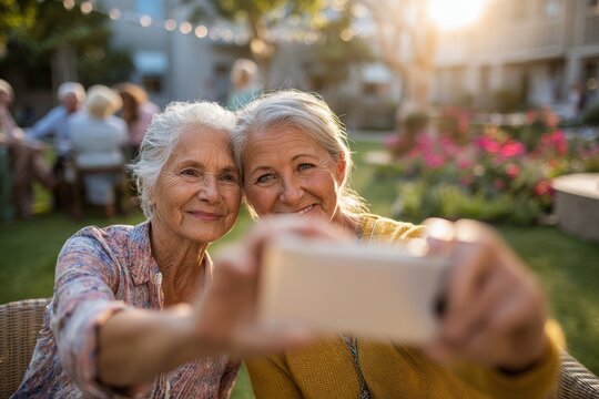 Warm smile and laughter as seniors pose for a selfie in a sunny outdoor community space
