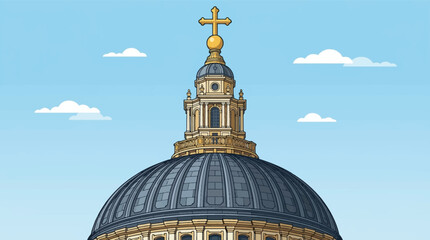 Fototapeta premium Vector illustration of a leaded cathedral dome featuring a golden cross and orb on a decorative lantern spire against a blue sky with clouds in a clean architectural style.