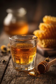 Warm-lit close-up of golden honey liqueur with honey pot and comb
