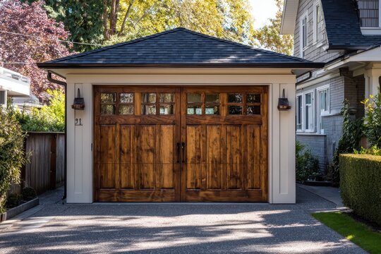Warm wooden double garage door on a suburban home, sunlit exterior with a gravel driveway