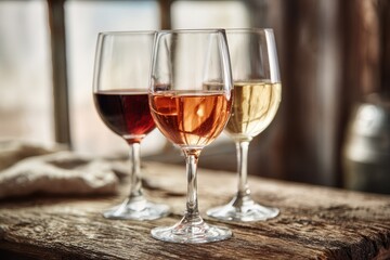 Naklejka premium Warm-toned tabletop scene featuring three wine glasses and varied wines in tasteful home decor