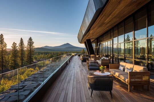 Warm-toned outdoor hotel deck with glass railing and dramatic alpine panorama