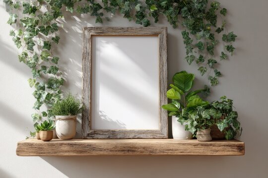 Warm-toned rustic decor: A4 wooden sign frame with greenery on a cottage shelf
