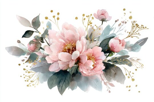 Watercolor bouquet with blush peonies and gold-gray leaves on a white background for wedding invitations and greeting cards