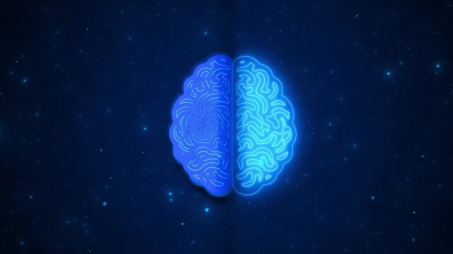 Glowing blue digital brain background split neural design, soft particles, and dark science space. for AI videos, psychology content, medical explainers, education intros, 19 presentations.