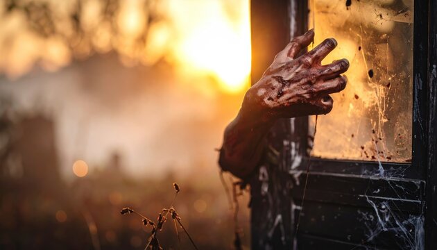 Bloody Zombie Hand Reaching Through Broken Window at Sunset for Halloween Horror