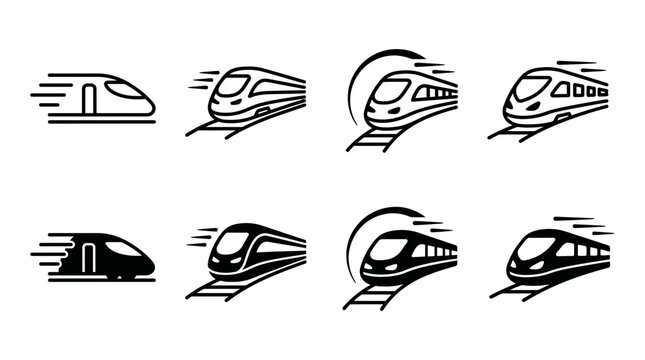Modern high speed train and rail travel icon set with transport commuter graphics silhouette movement locomotive