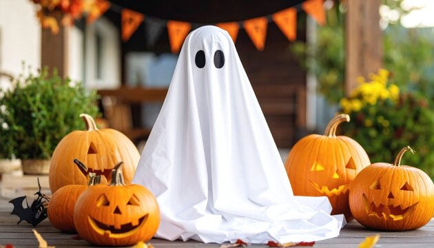 Friendly white sheet ghost with carved jack-o'-lanterns and autumn decorations on a wooden porch for Halloween holiday celebration.