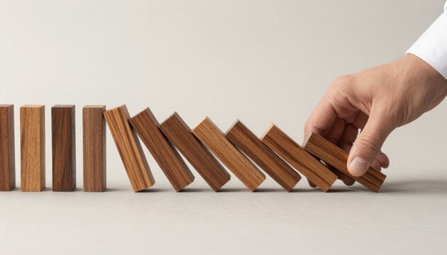 Business Hand Stopping Domino Effect with Wooden Blocks