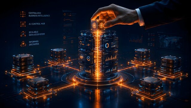 Hand placing a target block on a glowing server tower surrounded by data nodes representing centralized business intelligence and AI control hubs.