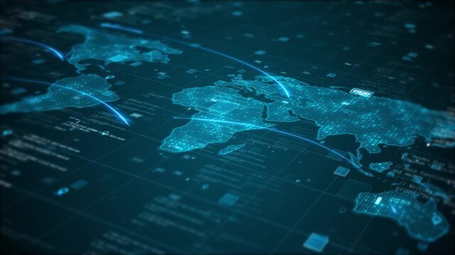 Digital world map network background glowing continents, data arcs, code panels, global connection grid. for 19 videos, cyber security intros, finance visuals, logistics promos, AI dashboards.