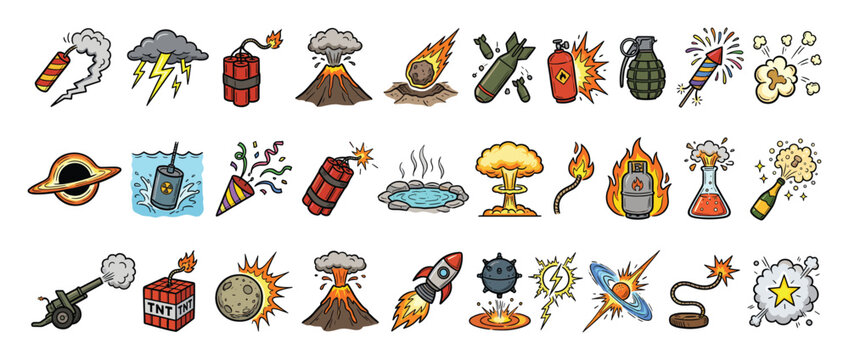 Set of destructive force icons depicting powerful blasts and hazardous situations