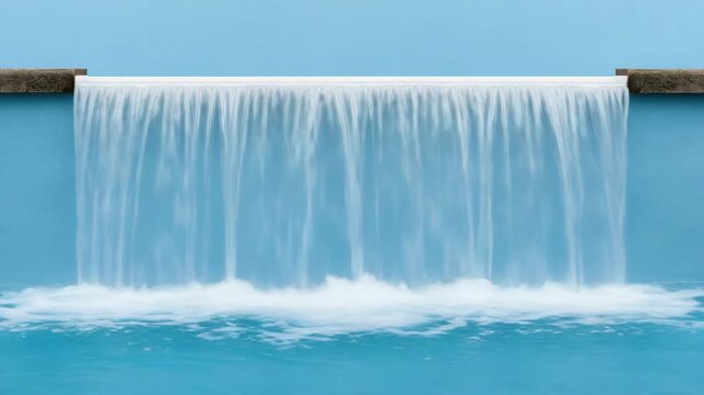 Slow motion pan of water cascading over concrete spillway wall into turquoise pool water feature at daytime resort