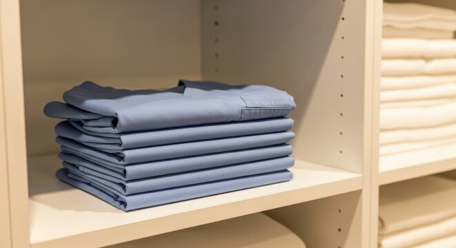 Neatly folded stack of light blue medical scrubs or uniforms on a closet shelf with additional folded laundry in the background.