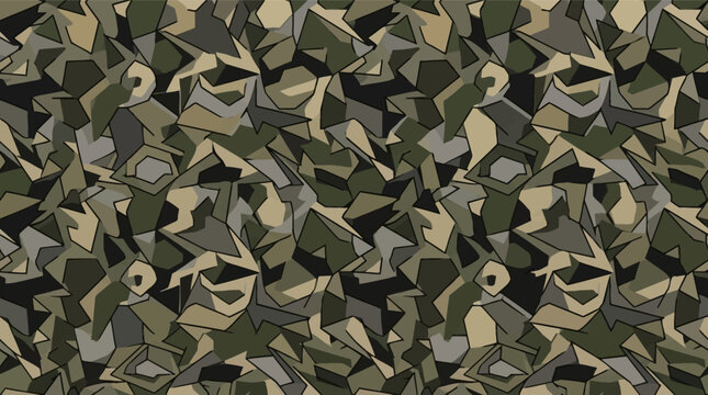 Seamless geometric camouflage pattern featuring sharp angular polygons in olive green, khaki, tan, and grey. Tactical splinter military texture for apparel, concealment, and backgrounds.