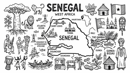 Fototapeta premium Senegal Travel Doodle Illustration, Hand Drawn African Country Map and Culture Line Art