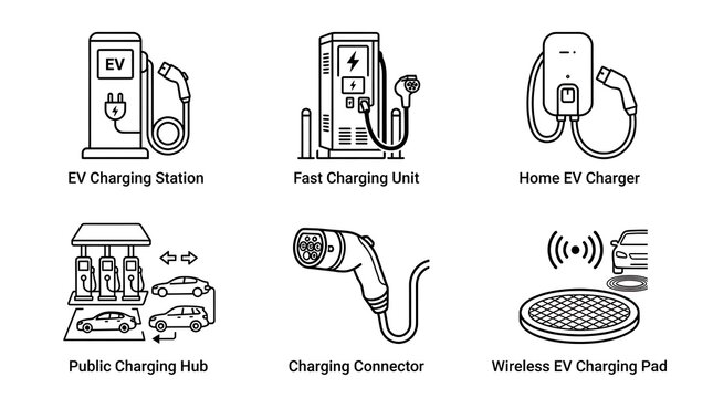 EV Charging Station and Infrastructure Icon Set Line Art