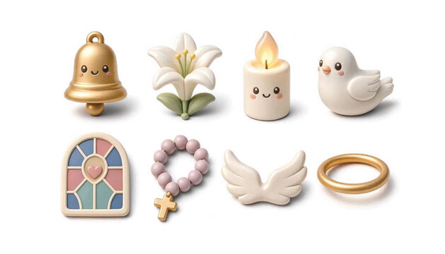 Premium 3D Clay Assumption of Mary Icon Set with Cute Kawaii Christian Symbols
