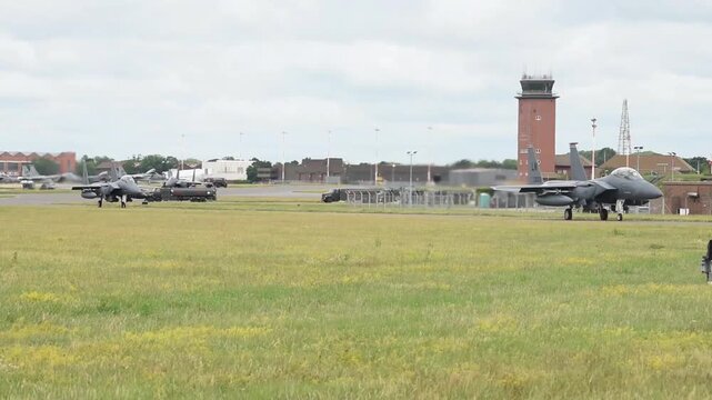 F-15 Eagle Fighter Jet Taking Off from Air Force Base Runway
