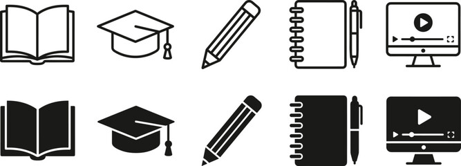 Fototapeta premium Educational icon collection including books graduation caps pencils notebooks and monitors.