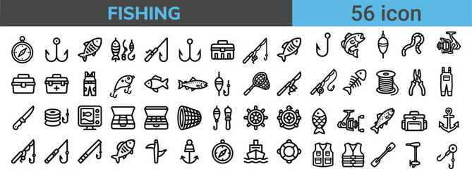 Fishing equipment line icon set featuring rods hooks fishes nets and outdoor gear elements. © Aposh003