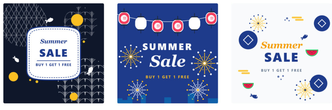 Summer sale banner with buy one get one free offer. Vibrant seasonal retail promotion template for discounts and shopping events.