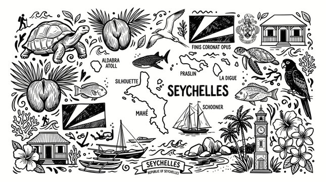 Seychelles Travel Doodle Illustration,  Hand Drawn Tropical Island Line Art Collection