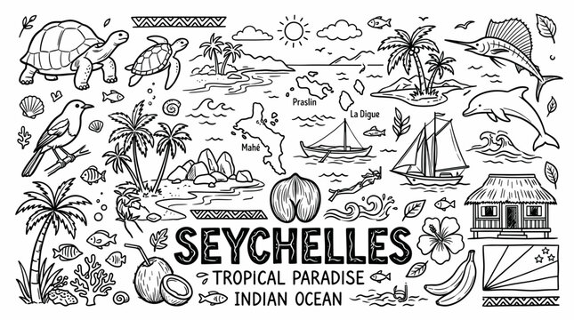 Seychelles Travel Doodle Illustration,  Hand Drawn Tropical Island Line Art Collection
