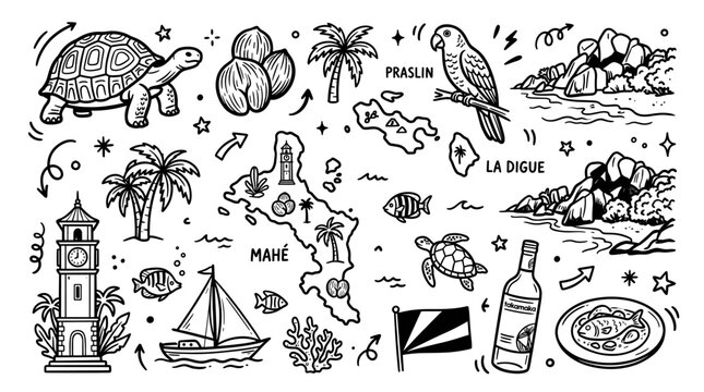 Seychelles Travel Doodle Illustration,  Hand Drawn Tropical Island Line Art Collection