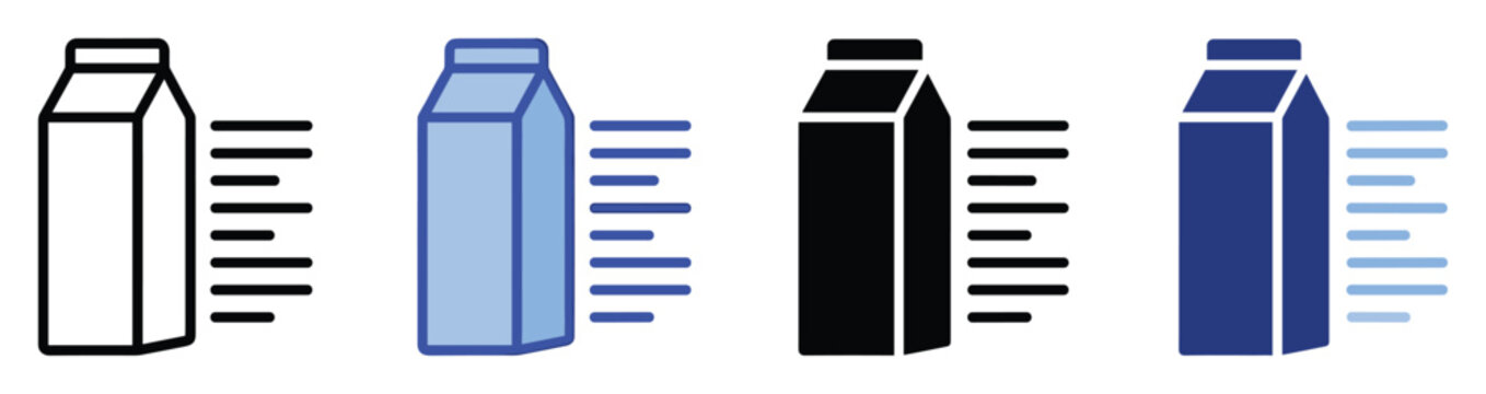 Milk carton icon with data lines representing quantity for food packaging and diet tracking apps