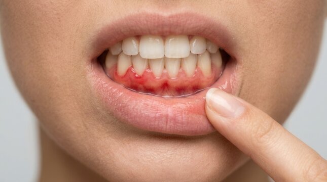 Closeup of a woman showing inflamed gum on a grey background