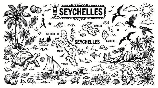 Seychelles Travel Doodle Illustration,  Hand Drawn Tropical Island Line Art Collection