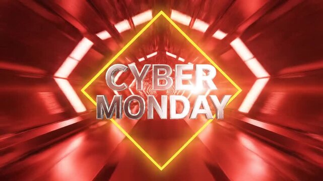 Cyber Monday silver text in glowing yellow frame red background
