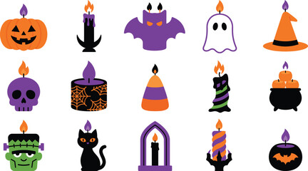 Fototapeta premium Halloween candle collection with spooky pumpkin skull ghost and bat icons for party decor.