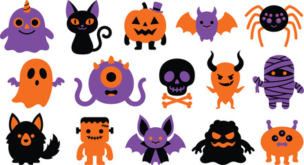 Naklejka premium Halloween character icons featuring mummies ghosts spiders and monsters in vibrant colors.